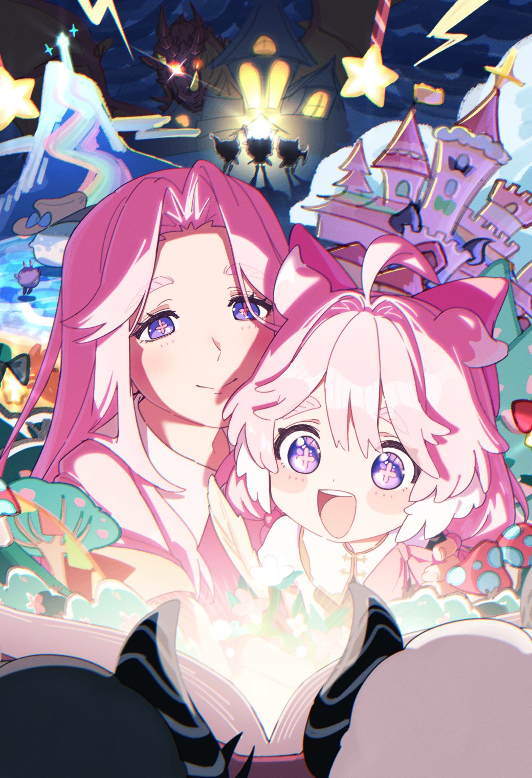 2girls :d ahoge book castle closed_mouth cloudy_(wuthering_waves) commentary cosmos_(wuthering_waves) encore&#039;s_mother_(wuthering_waves) encore_(wuthering_waves) hair_intakes hashtag-only_commentary highres long_hair looking_at_another multiple_girls namaonpa open_book open_mouth pink_hair pink_pupils purple_eyes reading smile teeth thick_eyebrows upper_teeth_only wuthering_waves