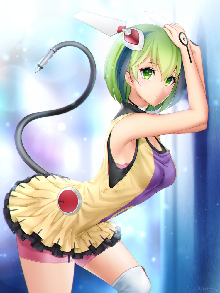 1girl :o android arm_tattoo audio_plug bike_shorts blurry blurry_background boots breasts cable cable_tail cleavage dimension_w dot_nose dress female_focus gigamessy green_eyes green_hair hand_tattoo leaning_forward looking_at_viewer mechanical_tail medium_breasts multicolored_hair pink_shorts robot_ears short_hair shorts sideboob solo tail tattoo thigh_boots thighhighs two-tone_hair yurizaki_mira zettai_ryouiki