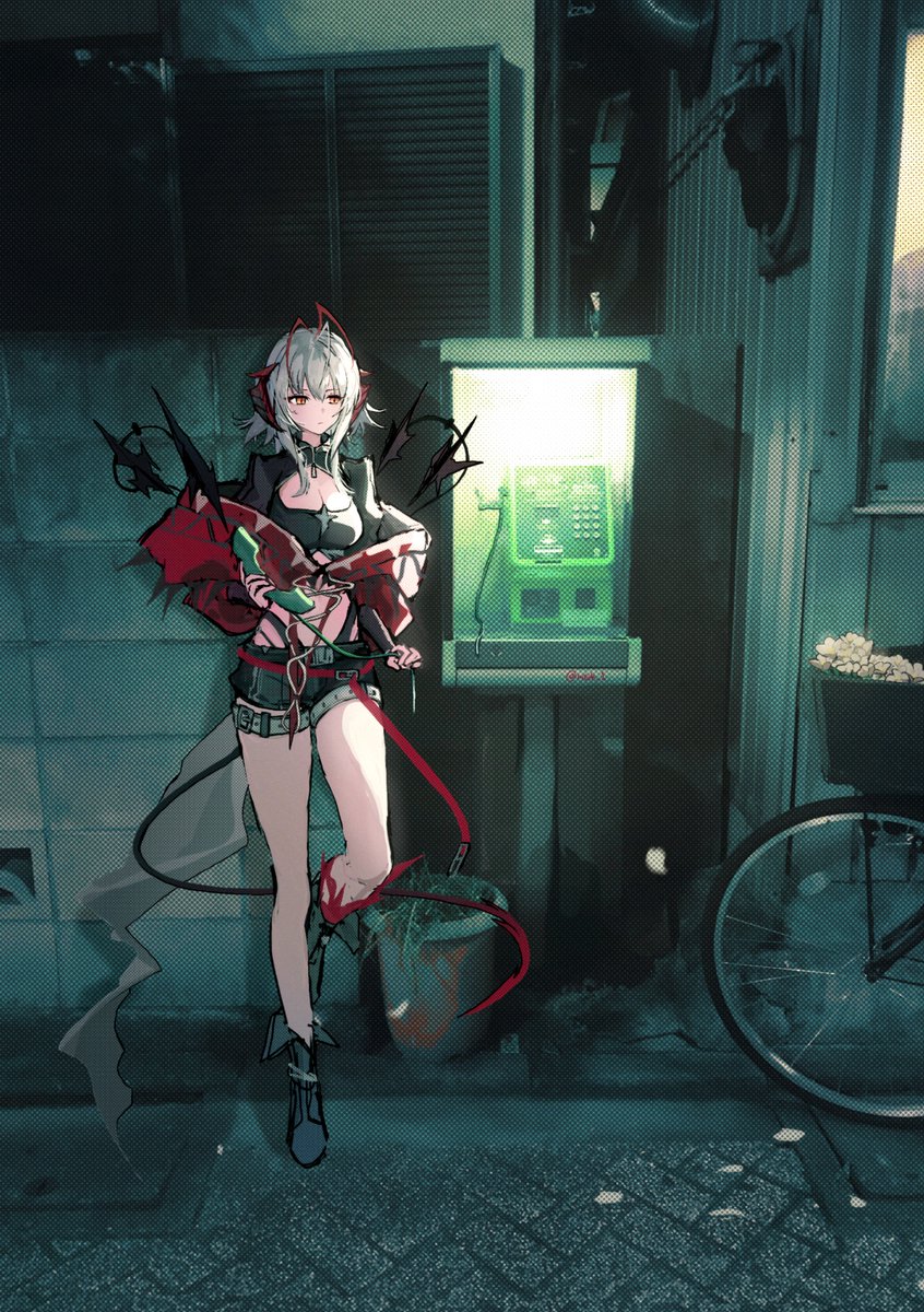 1girl :| antenna_hair arknights belt bicycle black_belt black_boots black_shorts black_shrug bloom boots breasts brick_floor cleavage closed_mouth commentary demon_girl demon_horns demon_tail dot_nose expressionless flower fold-over_boots full_body grey_hair hair_between_eyes highres holding holding_phone horns jacket leaning long_sleeves matsuoka_(mtok_0) medium_breasts medium_hair mixed_media night off_shoulder orange_eyes outdoors payphone phone photo_background red_horns red_jacket short_shorts shorts shrug_(clothing) solo tail thigh_belt thigh_strap w_(arknights) white_belt white_flower wis&#039;adel_(arknights)