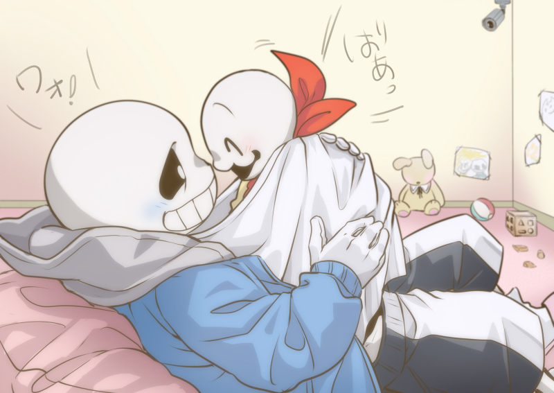 2boys aged_down ahin_vpv baby black_sclera blush coat colored_sclera grin male_focus multiple_boys papyrus_(undertale) red_scarf sans_(undertale) scarf security_camera skeleton smile stuffed_toy teeth undertale white_coat white_eyes