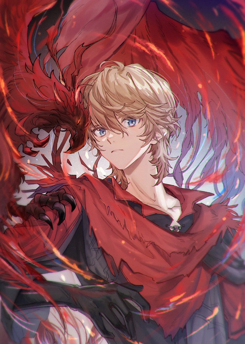 1boy aura bird black_gloves blonde_hair blue_eyes final_fantasy final_fantasy_xvi gloves glowing glowing_eyes joshua_rosfield looking_at_viewer male_focus parted_lips phoenix_(final_fantasy) red_scarf scarf solo spoilers talons upper_body yurichi_(artist)