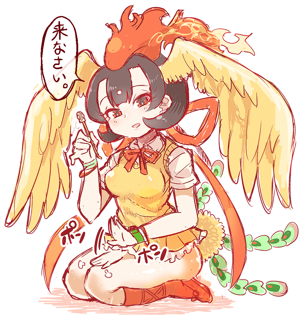 1girl afterimage bare_arms bird_tail black_hair commentary_request female_focus full_body hand_up head_tilt head_wings hi_no_tori_(kemono_friends) holding kemono_friends lap_pillow_invitation large_ribbon looking_at_viewer microskirt mimikaki motion_lines neck_ribbon ribbon school_uniform seiza shirt short_hair short_sleeves sitting skirt solo speech_bubble sweater_vest tail tanaka_kusao thighs translated white_background wings