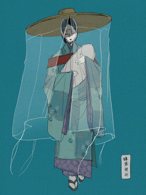 1girl baby black_hair blue_background blue_kimono carrying carrying_baby carrying_person closed_eyes closed_mouth colored_skin fallsoki floral_print floral_print_kimono hat japanese_clothes jujutsu_kaisen kenjaku kimono print_kimono sandals stitched_face stitches straw_hat swaddled tabi white_skin wide_brim