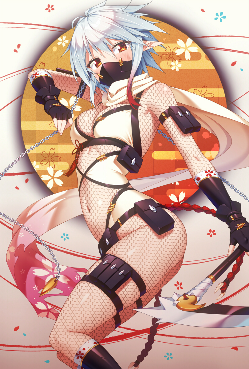 1girl arm_pouch arm_strap belt belt_pouch black_belt black_gloves black_mask blush bodystocking breasts cherry_blossom_print commentary_request covered_mouth egasumi feet_out_of_frame fingerless_gloves fishnet_bodystocking fishnets floral_print from_side gloves gradient_hair grey_hair hair_between_eyes highres holding holding_weapon kazuma_(kazumav) kusarigama large_breasts long_pointy_ears looking_at_viewer mask mouth_mask multicolored_hair navel ninja original pointy_ears pouch red_hair scarf sickle solo spikes thigh_pouch thigh_strap weapon yellow_eyes