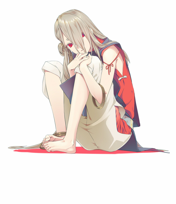 1boy androgynous barefoot bishounen full_body grey_hair hair_between_eyes ima-no-tsurugi japanese_clothes knees_up leuco long_hair looking_at_viewer male_focus pants red_eyes simple_background sitting solo touken_ranbu white_background white_pants