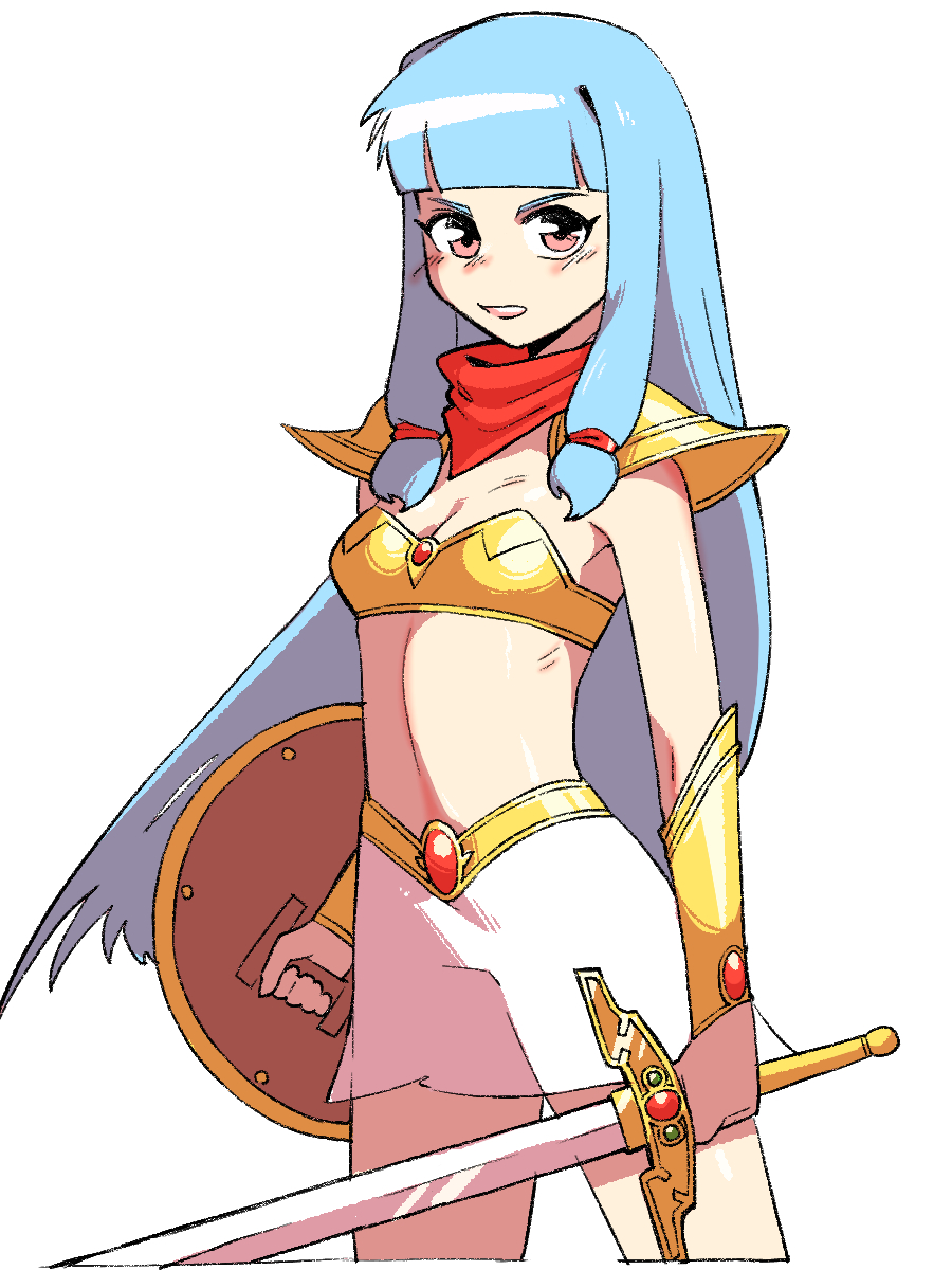 1girl armor asou_yuuko asou_yuuko_(cosplay) bikini_armor blue_hair blunt_bangs breasts cleavage commentary_request cosplay cowboy_shot gold_armor highres holding holding_shield holding_sword holding_weapon kotonoha_aoi long_hair looking_at_viewer midriff miniskirt mugen_senshi_valis open_mouth red_scarf scarf shield shoulder_pads sidelocks simple_background skirt small_breasts smile solo sword ukiwagirl voiceroid weapon white_background
