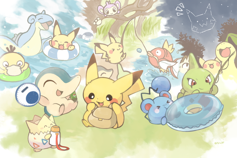 &gt;_&lt; aipom azurill bayleef blue_innertube brown_bag commentary_request constellation cyndaquil fishing game_freak gen_1_pokemon gen_2_pokemon gen_3_pokemon happy konanbo lapras larvitar magikarp meowth night nintendo open_mouth pikachu pokemon pokemon_(creature) psyduck squeans star_(sky) striped_innertube togepi wailmer