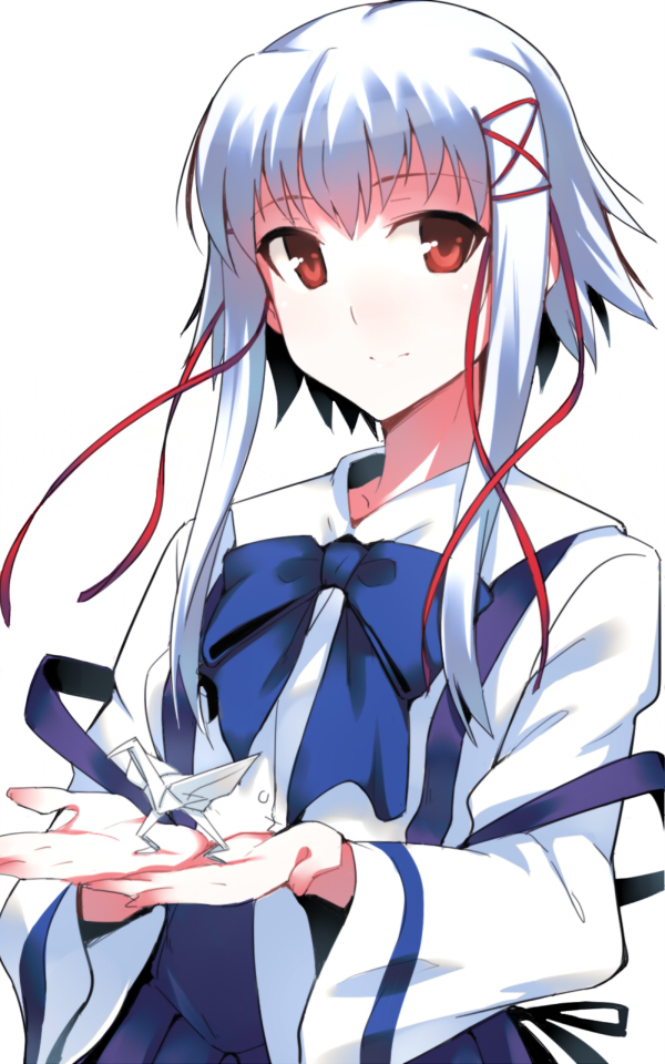 00s 1girl bow em_(totsuzen_no_hakike) female_focus long_sleeves looking_at_viewer morimiya_aono origami paper red_eyes ribbon short_hair short_hair_with_long_locks silver_hair smile sola solo