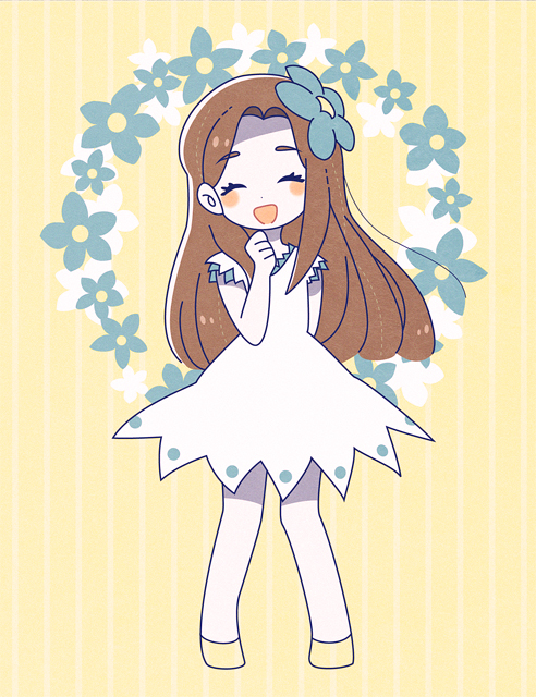 10s 1girl blush_stickers brown_hair chibi closed_eyes dress female_focus flower flower_fairy_(osomatsu-kun) flower_girl_(osomatsu-kun) hair_flower hair_ornament kyou_(karankoron) long_hair osomatsu-kun osomatsu-san osomatsu_(series) solo striped_background yellow_background