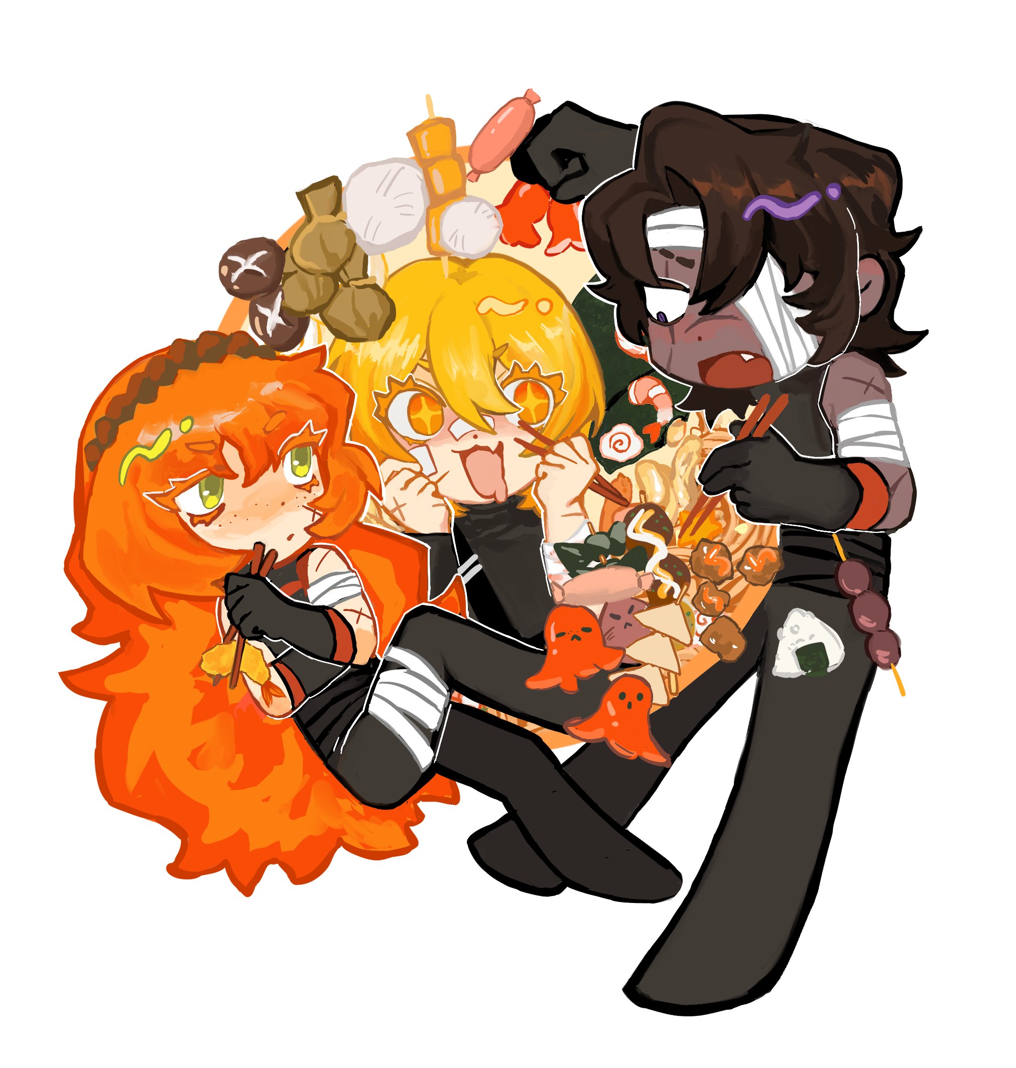 +_+ 1boy 2girls bandages bare_shoulders black_pants black_shirt blonde_hair brown_hair brown_hairband chopsticks colored_eyelashes dango dark-skinned_male dark_skin deformed don_quixote_(project_moon) fang food full_body green_eyes hairband heathcliff_(project_moon) highres holding holding_chopsticks ishmael_(project_moon) limbus_company looking_at_another multiple_girls octopus onigiri open_mouth orange_eyes orange_hair pants project_moon purple_eyes scar shi_association_south_uniform shirt short_hair shrimp shrimp_tempura simple_background skin_fang sleeveless standing tempura wagashi white_background wu_kai_zajiao_shiyan_shi