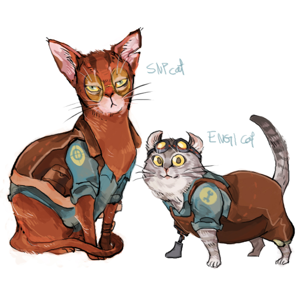 22_(tak_ja) 2boys animalization bad_id bad_pixiv_id blu_engineer_(tf2) blu_sniper_(tf2) cat engineer_(tf2) goggles goggles_on_head looking_at_viewer male_focus multiple_boys multiple_cats overalls prosthesis prosthetic_leg simple_background sniper_(tf2) sunglasses team_fortress_2 white_background