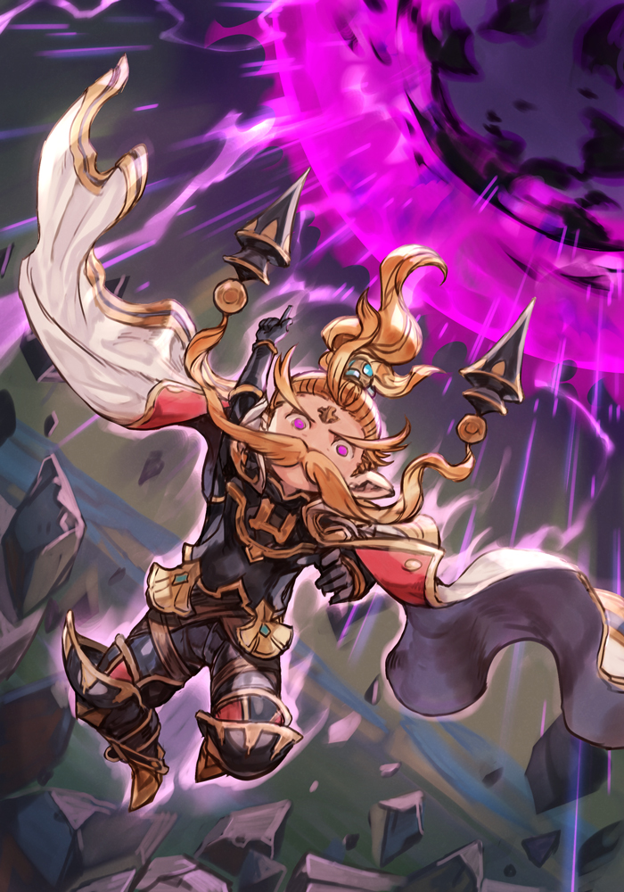 1boy anre_(granblue_fantasy) black_gloves cape debris dragon_ball dragonball_z energy_ball facial_hair floating_hair flying gloves granblue_fantasy granblue_fantasy_versus harvin hungry_clicker male_focus mustache nakao_ryuusei pointing pointing_up purple_eyes solo uniform voice_actor_connection