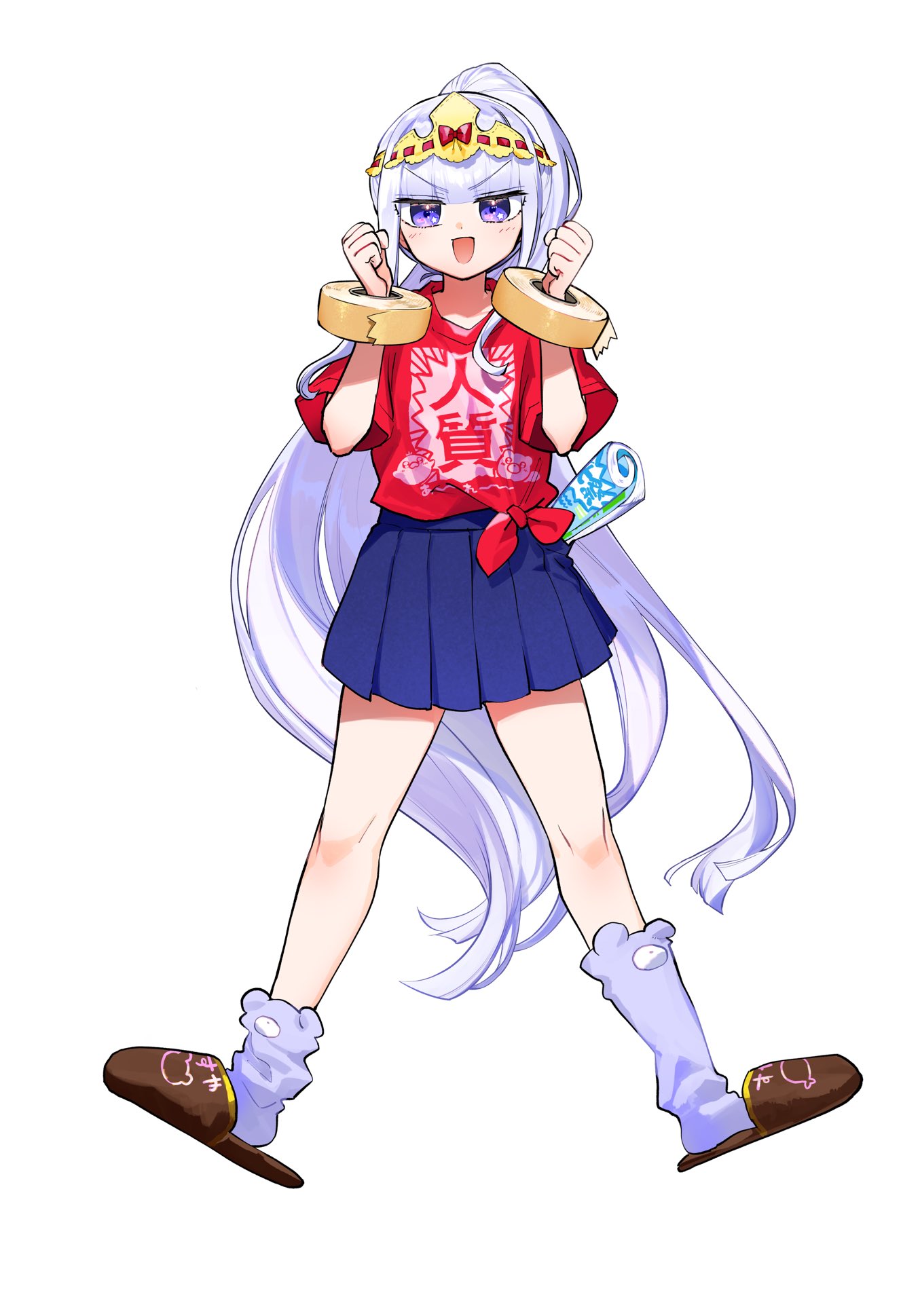 1girl absurdly_long_hair aurora_sya_lis_kaymin blunt_bangs crown dotaku duct_tape full_body grey_hair highres long_hair loose_socks magazine_(object) maou-jou_de_oyasumi official_art open_mouth pleated_skirt purple_eyes shirt skirt slippers socks star_(symbol) star_in_eye straight_hair symbol-shaped_pupils symbol_in_eye t-shirt tachi-e very_long_hair white_hair
