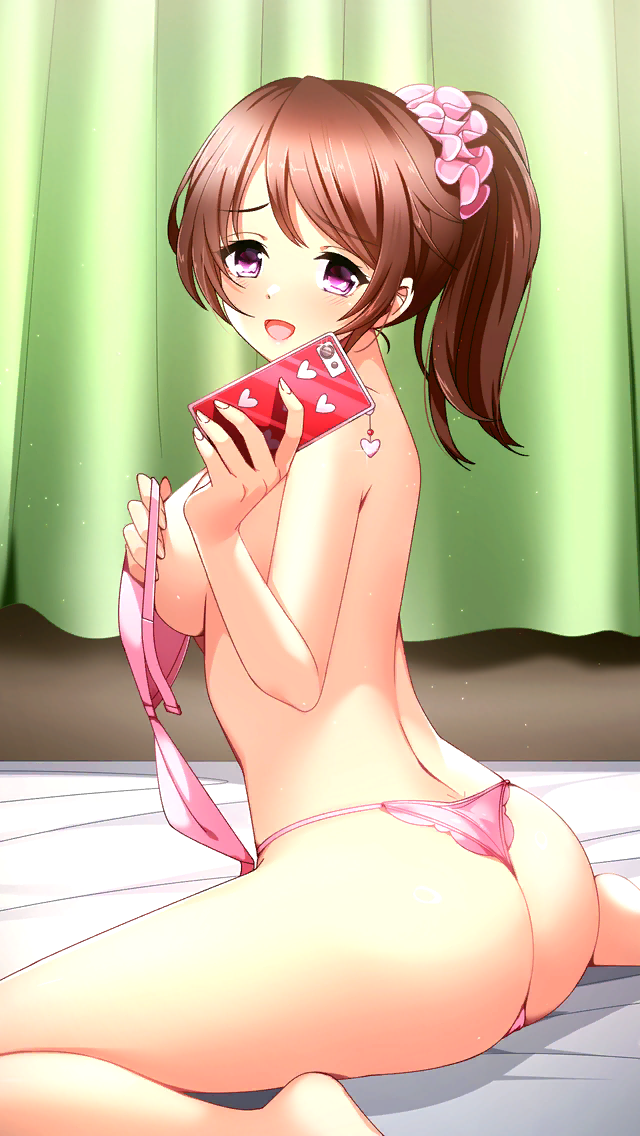 1girl :d ass bare_legs barefoot bed_sheet bedroom bra breasts brown_hair cellphone covering_breasts covering_privates doukyuusei_(series) doukyuusei_2 doukyuusei_another_world from_side game_cg hair_ornament hair_scrunchie holding holding_phone indoors large_breasts long_hair looking_at_viewer official_art open_mouth panties phone pink_bra pink_eyes pink_panties pink_scrunchie ponytail satozaki_minatsu scrunchie sitting smartphone smile solo topless_female underwear underwear_only unworn_bra wariza