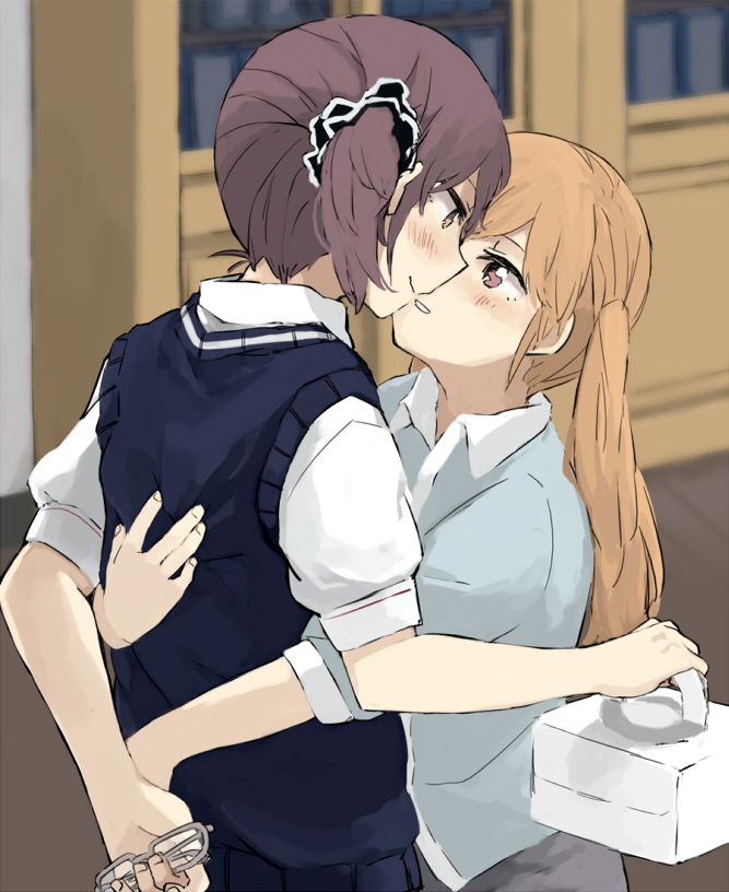 2girls arm_behind_back blonde_hair blush box brown_eyes brown_hair chikiso eye_contact unworn_eyewear glasses holding holding_removed_eyewear hug imminent_kiss long_hair looking_at_another multiple_girls okujou_no_yurirei-san scrunchie short_hair skirt smile sonou_tsukuyo sweater_vest tsurugimine_kiri yuri