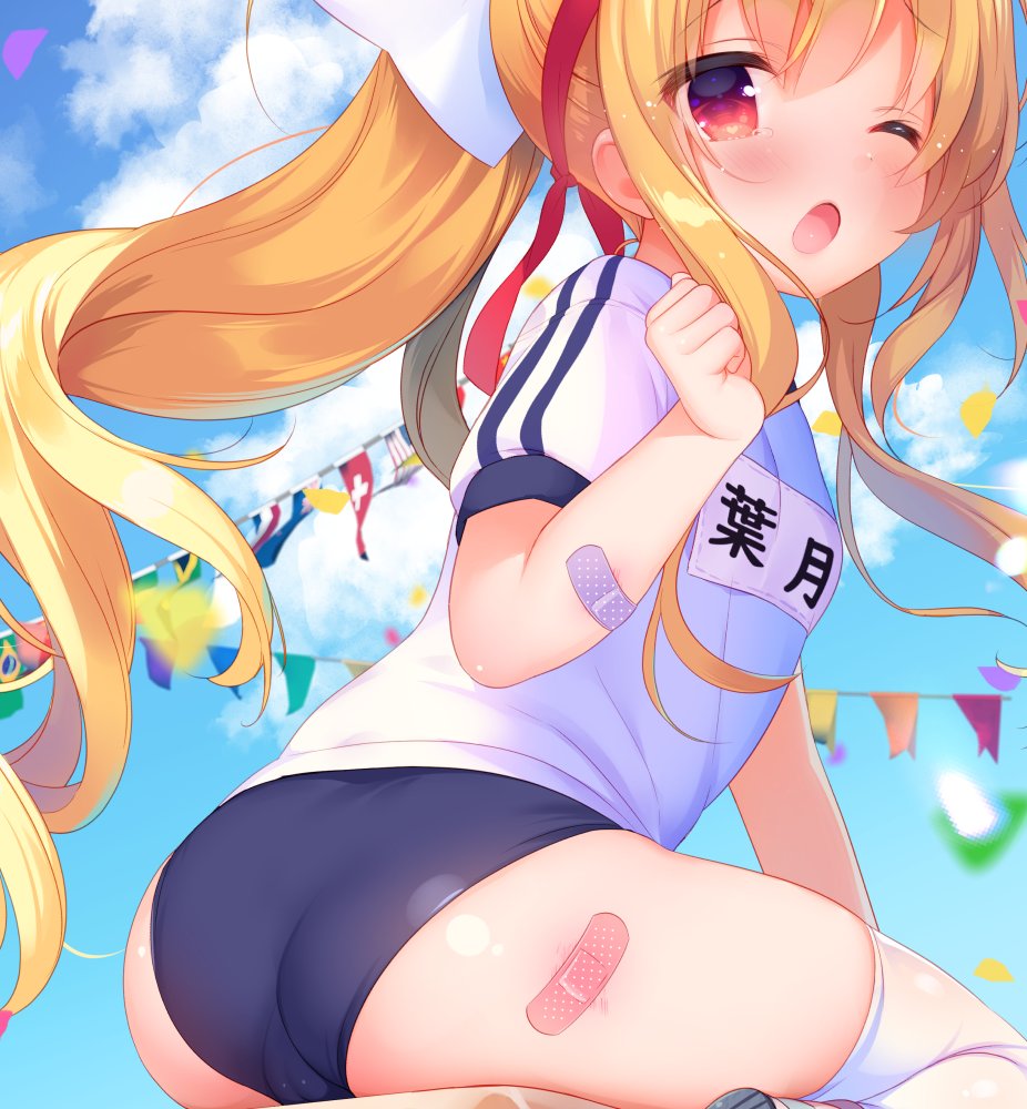 1girl ;o american_flag ass bad_id bad_twitter_id bandaid bandaid_on_arm bandaid_on_leg blonde_hair blue_buruma blue_sky blurry blurry_foreground blush brazilian_flag buruma clenched_hand cloud cloudy_sky commentary_request day depth_of_field female_focus flags_of_all_nations gym_shirt gym_uniform hair_between_eyes hand_up long_hair looking_at_viewer name_tag one_eye_closed open_mouth original outdoors petals piyodera_mucha ponytail puffy_short_sleeves puffy_sleeves red_eyes shirt short_sleeves sidelocks sky solo string_of_flags swiss_flag tears thighhighs very_long_hair white_shirt white_thighhighs