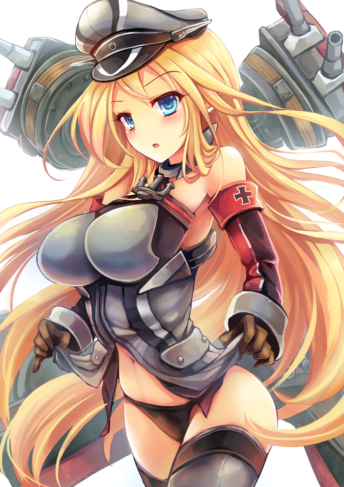 10s 1girl anchor_hair_ornament armor bad_id bad_pixiv_id bare_shoulders bismarck_(kancolle) black_panties blonde_hair blue_eyes breastplate breasts brown_gloves cannon clothes_lift cross detached_sleeves female_focus gloves goushou grey_thighhighs hair_ornament hat iron_cross jacket jacket_lift kantai_collection large_breasts long_hair machinery military military_hat military_uniform open_mouth panties peaked_cap ship_turret solo thighhighs underwear