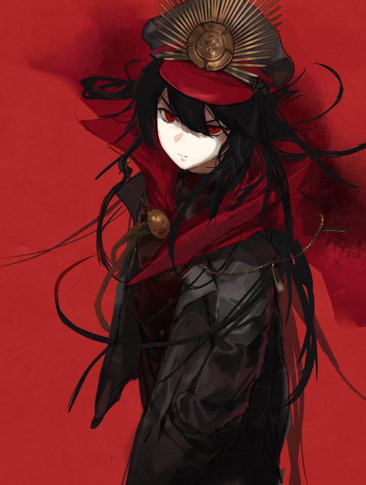 1girl bad_id bad_twitter_id belt black_hair closed_mouth fate_(series) female_focus grey_jacket hair_between_eyes hands_in_pockets hat jacket kachi koha-ace long_hair looking_at_viewer messy_hair oda_nobunaga_(fate) oda_nobunaga_(koha-ace) peaked_cap red_background red_eyes red_jacket simple_background solo standing