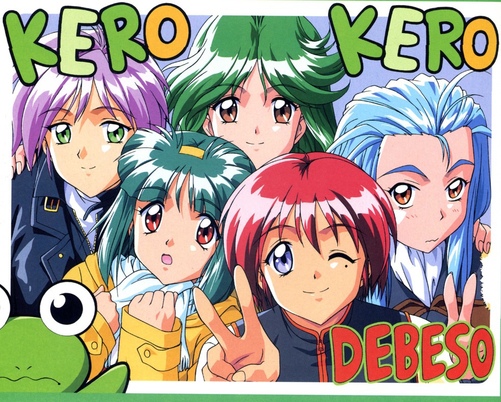 1990s_(style) 5girls asou_kasumi blue_eyes blue_hair brown_eyes frog green_eyes green_hair hand_on_shoulder hinomoto_hikari kokura_masashi long_hair minazuki_kotoko mole mole_under_eye multiple_girls official_art one_eye_closed pink_hair red_hair retro_artstyle sakura_kaedeko scan scarf short_hair smile tokimeki_memorial tokimeki_memorial_2 v wink yae_kaori