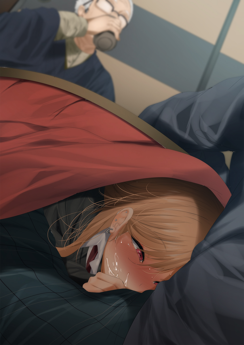 1girl 2boys blonde_hair cum cum_in_mouth cup drinking earrings fellatio fumihiko_(fu_mihi_ko) gojou_kaoru gojou_wakana hetero highres holding holding_cup indoors japanese_clothes jewelry kitagawa_marin kotatsu long_hair multiple_boys old old_man oral pink_eyes sono_bisque_doll_wa_koi_wo_suru stealth_fellatio stealth_sex table under_kotatsu under_table