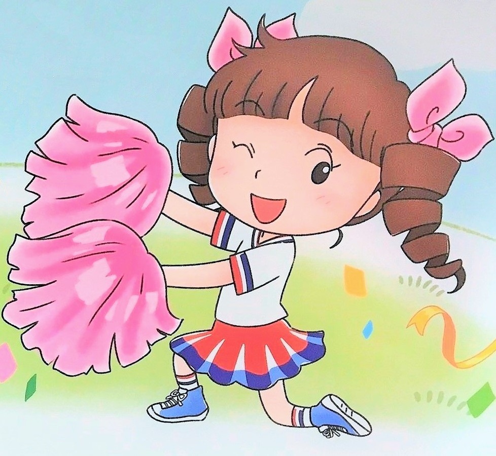1girl ;d aged_down black_eyes blunt_bangs blush bow brown_hair cheerleader chibi_maruko-chan child drill_hair female_focus hair_bow holding holding_pom_poms jougasaki_himeko kneeling long_hair looking_at_viewer multiple_hair_bows no_sclera official_art on_grass one_eye_closed open_mouth parted_bangs pink_bow pleated_skirt pom_pom_(cheerleading) pom_poms red_skirt shirt shoes short_sleeves skirt smile sneakers socks solo sportswear t-shirt twin_drills twintails white_shirt