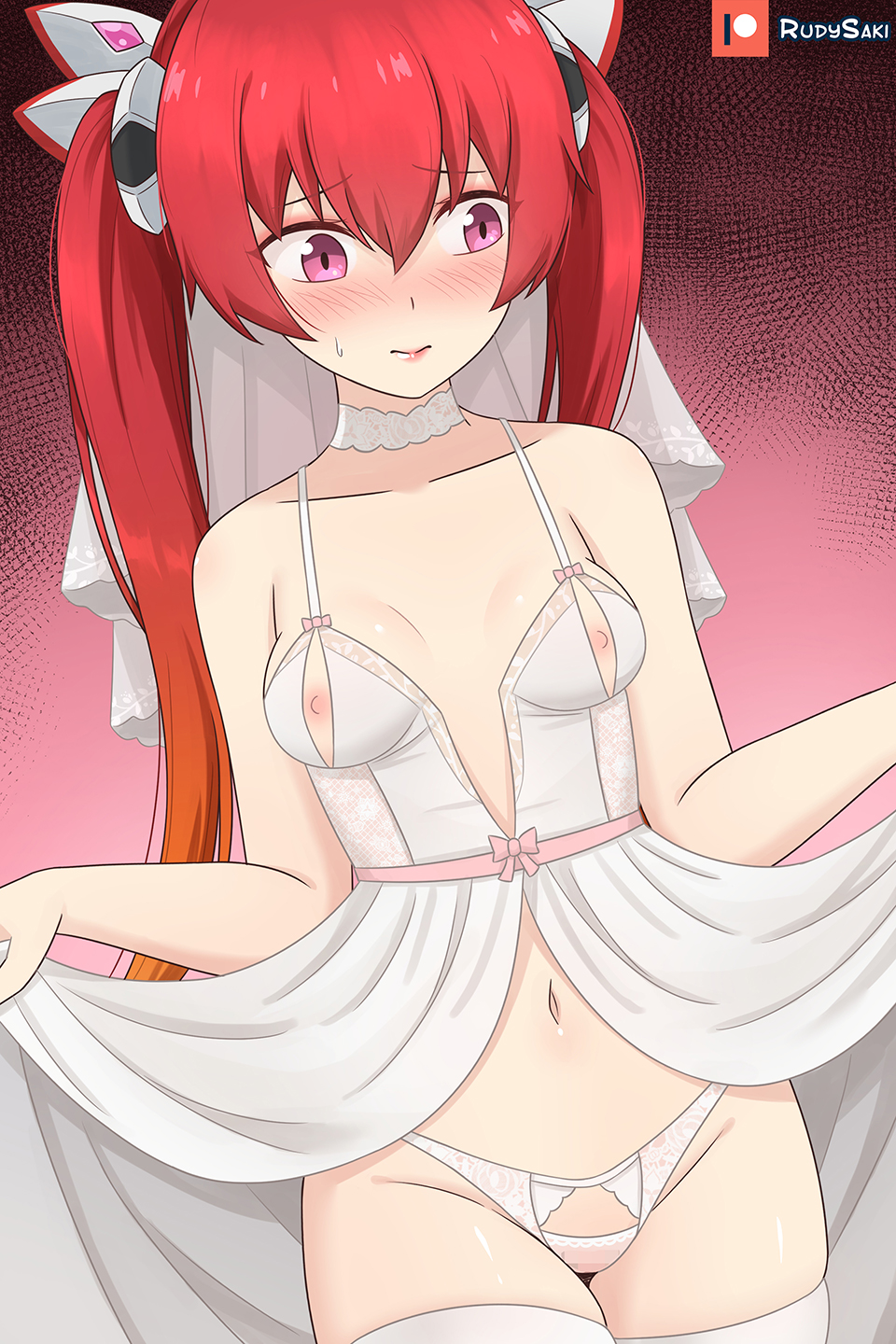1girl blush breasts collarbone dress genderswap genderswap_(mtf) gradient_hair highres lipstick long_hair makeup multicolored_hair navel nipples orange_hair ore_twintail_ni_narimasu pink_eyes red_hair rudy_saki skindentation small_breasts solo sweatdrop tailred thighhighs very_long_hair wedding_dress