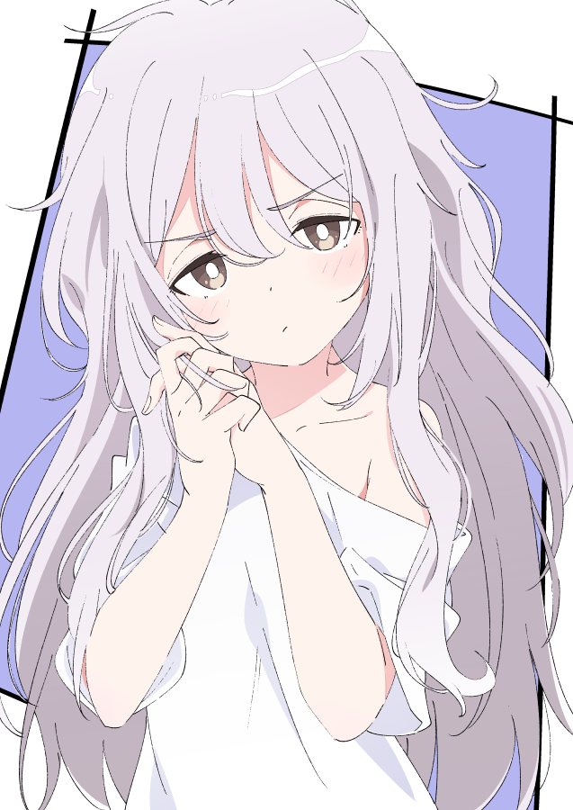 1girl bare_shoulders blush brown_eyes closed_mouth collarbone commentary_request fingernails grey_hair ixy kozakura_(urasekai_picnic) long_hair looking_at_viewer off_shoulder shirt short_sleeves solo t-shirt upper_body urasekai_picnic white_shirt