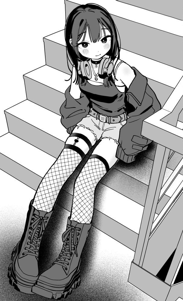 1girl bare_shoulders belt belt_buckle blush boots buckle closed_mouth fishnets greyscale hair_ornament hairclip jacket lace-up_boots long_hair long_sleeves looking_at_viewer miyama_(kannsannn) monochrome off_shoulder open_clothes open_jacket original shirt short_shorts shorts sitting sleeves_past_wrists smile solo thighhighs virtual_youtuber