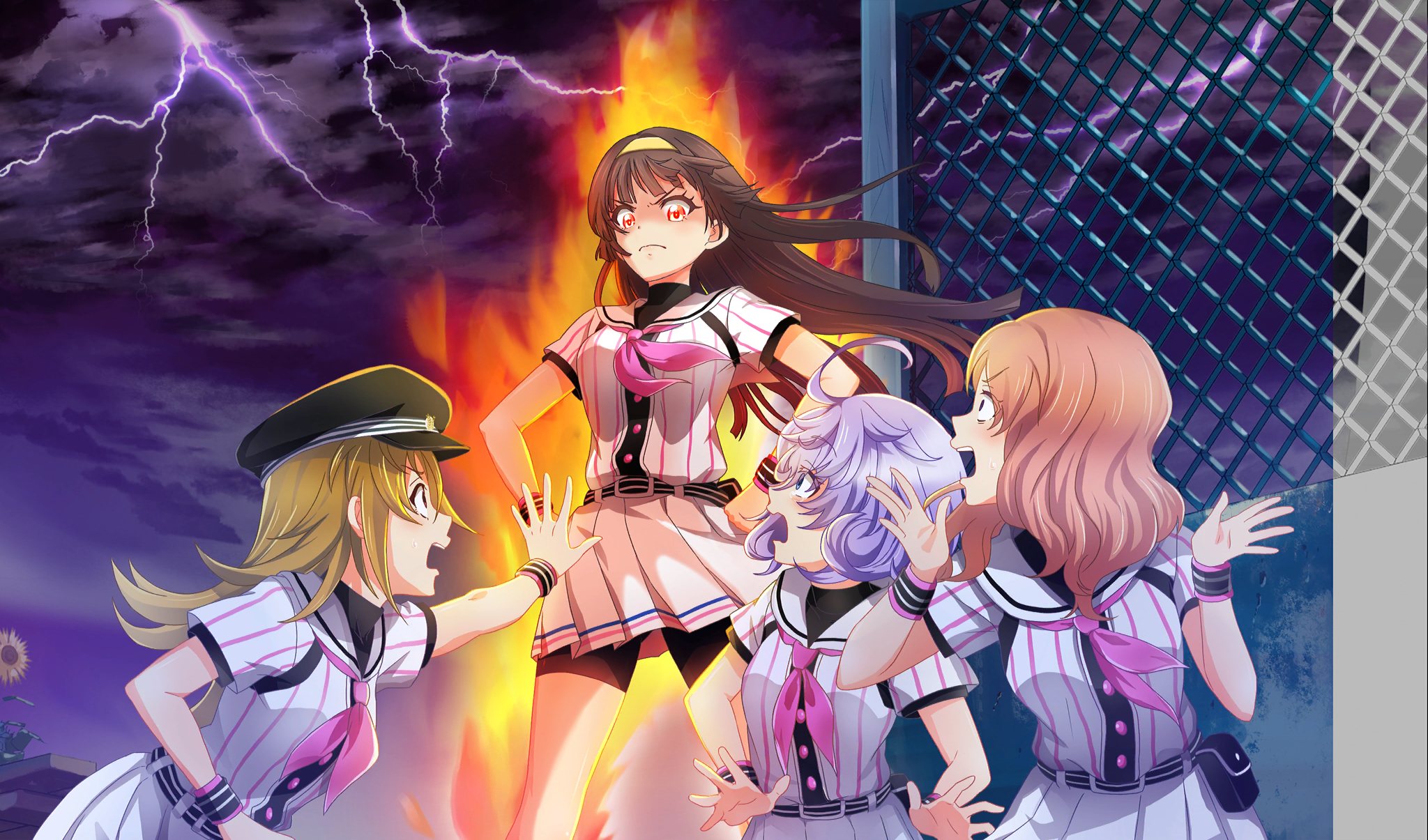 4girls ahoge asada_aoi baseball_uniform belt belt_buckle belt_pouch bike_shorts_under_skirt black_belt black_gloves black_hair black_hat black_pouch black_shorts black_undershirt blonde_hair blue_eyes blunt_bangs buckle chain-link_fence cinderella_series closed_mouth cloud cloudy_sky curly_hair fence fingerless_gloves flower gakuseibou game_cg gloves hachigatsu_no_cinderella_nine hairband hanayama_emi hands_on_own_hips hat highres iwaki_yoshimi long_hair looking_at_another multiple_girls neckerchief non-web_source official_art open_mouth outdoors pink_hair pink_neckerchief pleated_skirt pouch purple_hair purple_sky red_eyes satogahama_baseball_uniform shirt shirt_under_shirt short_hair short_sleeves shorts skirt sky sportswear standing striped_belt striped_clothes striped_shirt sunflower sweatdrop teeth thunder tsukishima_yui_(hachigatsu_no_cinderella_nine) upper_teeth_only v-shaped_eyebrows vertical-striped_clothes vertical-striped_shirt wristband yellow_hairband