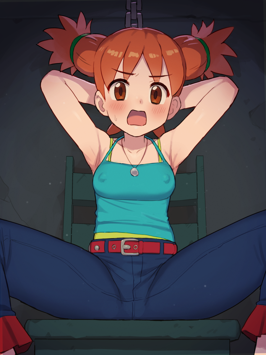 1girl armpits arms_behind_head belt blush breasts brown_eyes chain chiwino commentary commission covered_erect_nipples highres looking_at_viewer natsumi_(saru_getchu) open_mouth pants pixiv_commission saru_getchu solo spread_legs variant_set