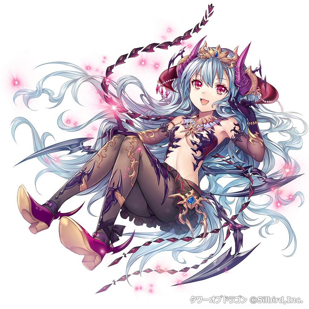 1girl :d armpits bare_shoulders beads blue_hair breasts company_name demon_girl elbow_gloves eyebrows fang female_focus gloves glowing headpiece horns jewelry long_hair looking_at_viewer madogawa navel necklace official_art open_mouth original pantyhose pleated_skirt red_eyes shoes simple_background skirt small_breasts smile solo tower_of_dragon very_long_hair white_background