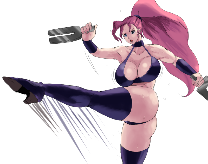 1girl 78_(tky8) ass attack bare_shoulders bikini blue_eyes boots breasts capcom captain_commando carol_(captain_commando) cleavage fork hairband high_heels holding holding_fork holding_weapon kicking large_breasts leg_up long_hair muscular muscular_female pink_hair ponytail simple_background standing standing_on_one_leg sweat swimsuit thigh_boots weapon white_background