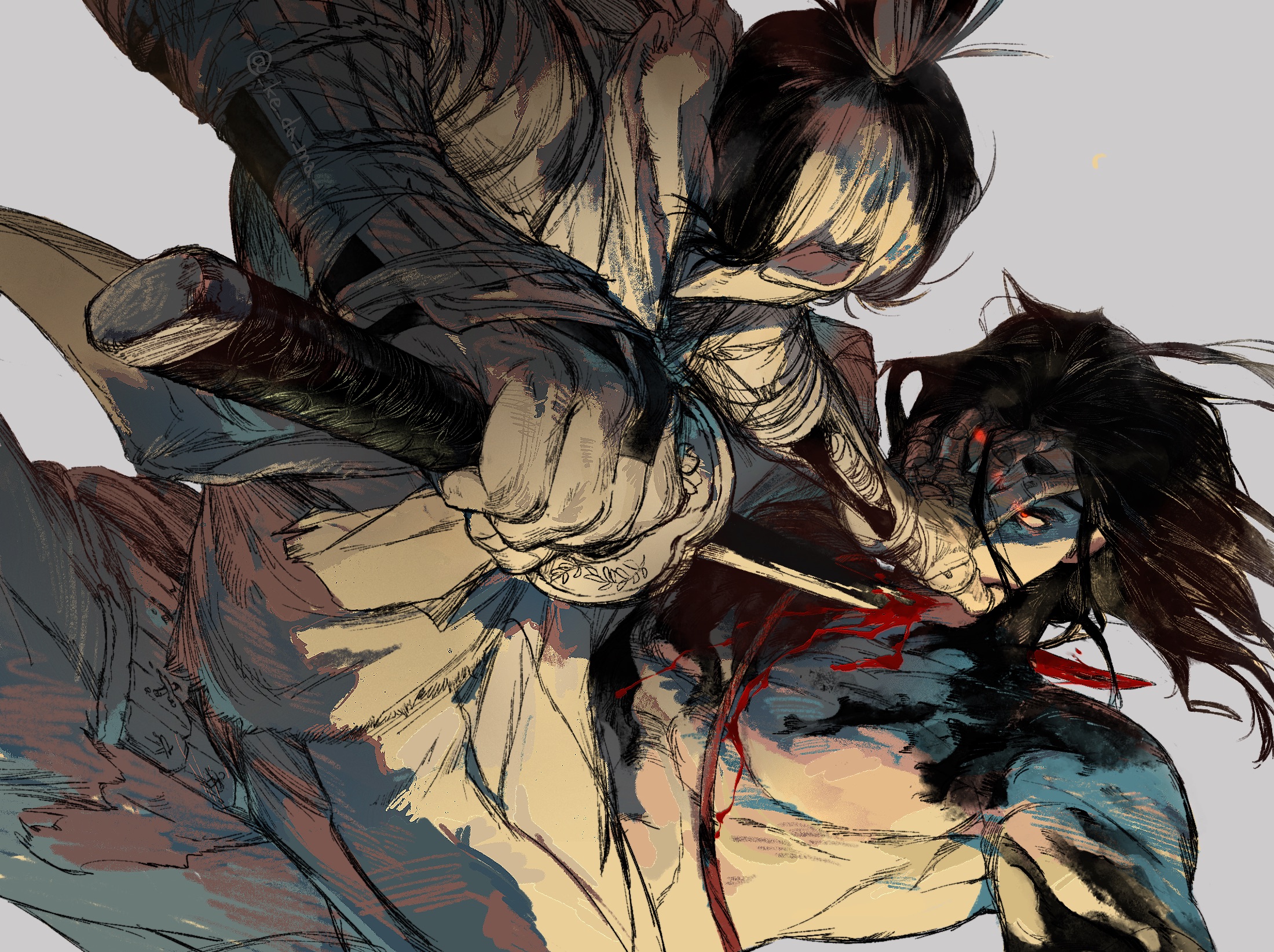 2boys armor ashina_genichirou blood cowboy_shot fighting glowing glowing_eye hand_on_another's_face high_ponytail highres holding holding_sword holding_weapon impaled japanese_armor katana kote light_trail limited_palette long_hair looking_at_another male_focus multicolored_hair multiple_boys orange_eyes piyomotsu ponytail prosthesis prosthetic_arm scarf sekiro sekiro:_shadows_die_twice short_hair short_ponytail simple_background spot_color stab sword topless_male two-tone_hair weapon