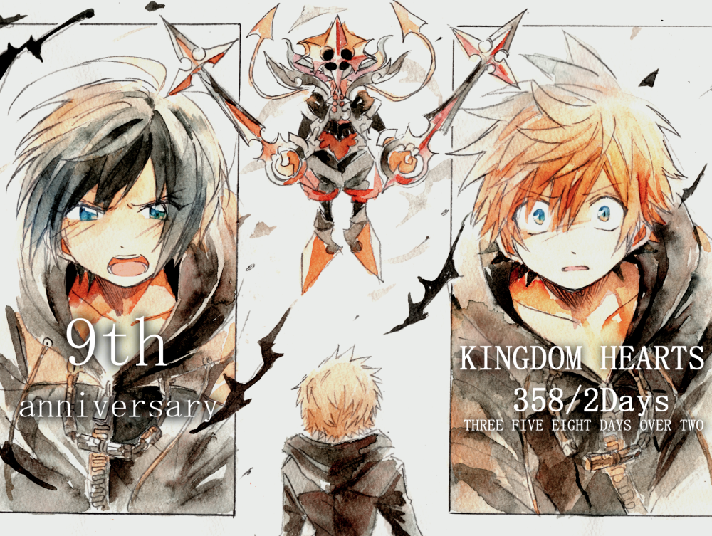 anniversary black_coat black_coat_(kingdom_hearts) black_hair blue_eyes brown_hair coat commentary_request copyright_name dual_wielding from_behind holding holding_weapon hood hood_down hooded_coat kingdom_hearts kingdom_hearts_358/2_days multiple_views open_mouth roxas short_hair spiked_hair spoilers teeth tomatoyama weapon xion_(kingdom_hearts) zipper