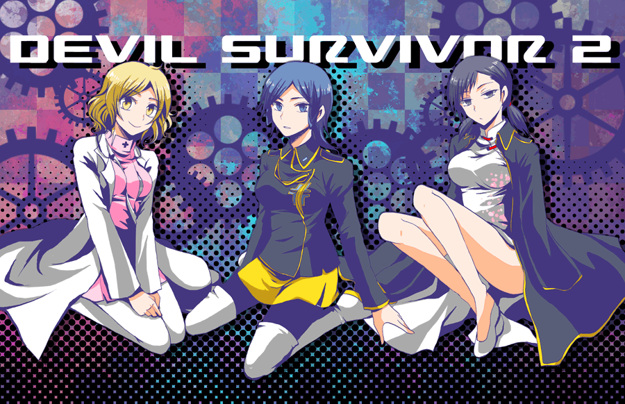 10s 3girls black_hair black_theme blue_eyes blue_hair breasts copyright_name devil_survivor_(series) devil_survivor_2 gears hasumi_hiko kanno_fumi multiple_girls pantyhose sako_makoto short_hair smile thighhighs yanagiya_otome yellow_eyes