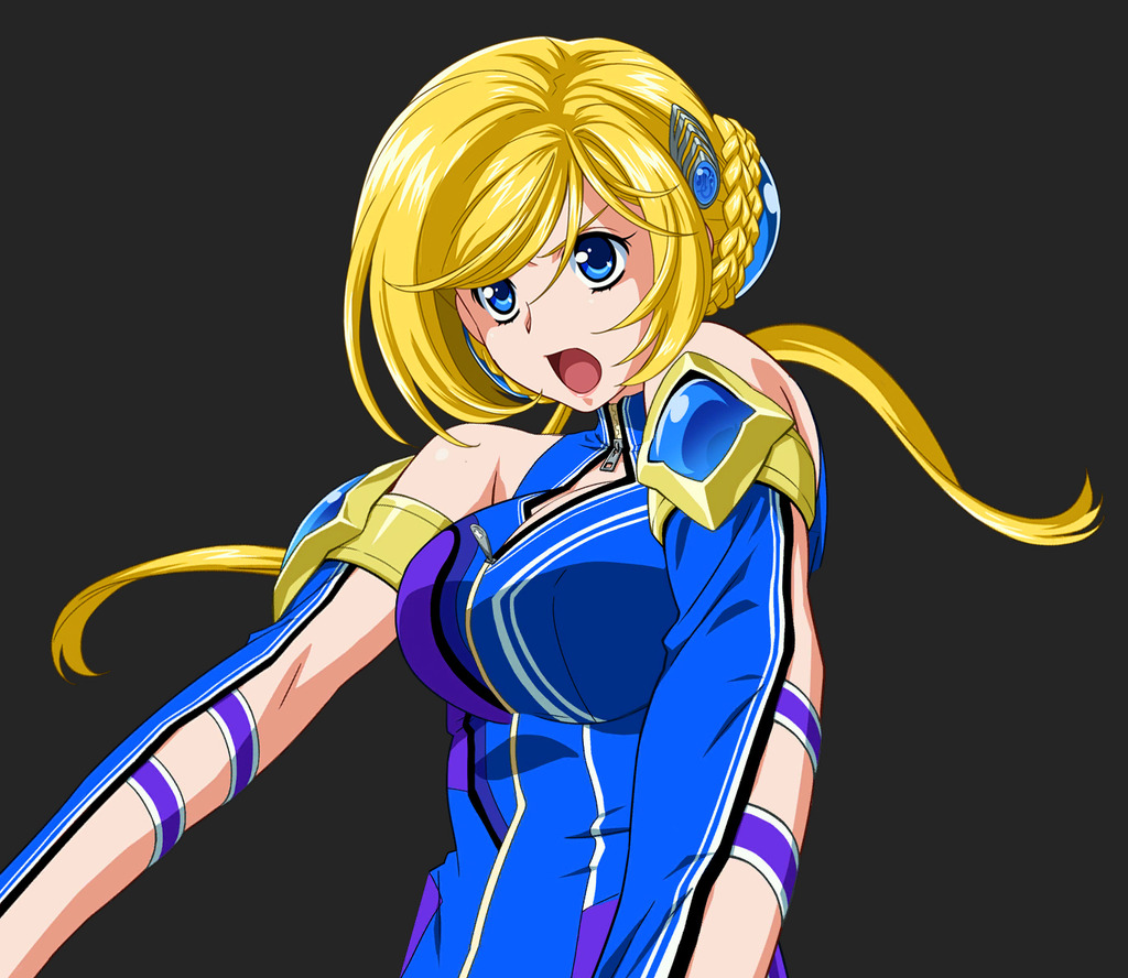 1girl banpresto bare_shoulders blonde_hair blue_eyes breasts cleavage detached_sleeves elbow_gloves female_focus gloves long_hair melua_melna_meia open_mouth solo super_robot_wars super_robot_wars_judgement super_robot_wars_original_generation twintails
