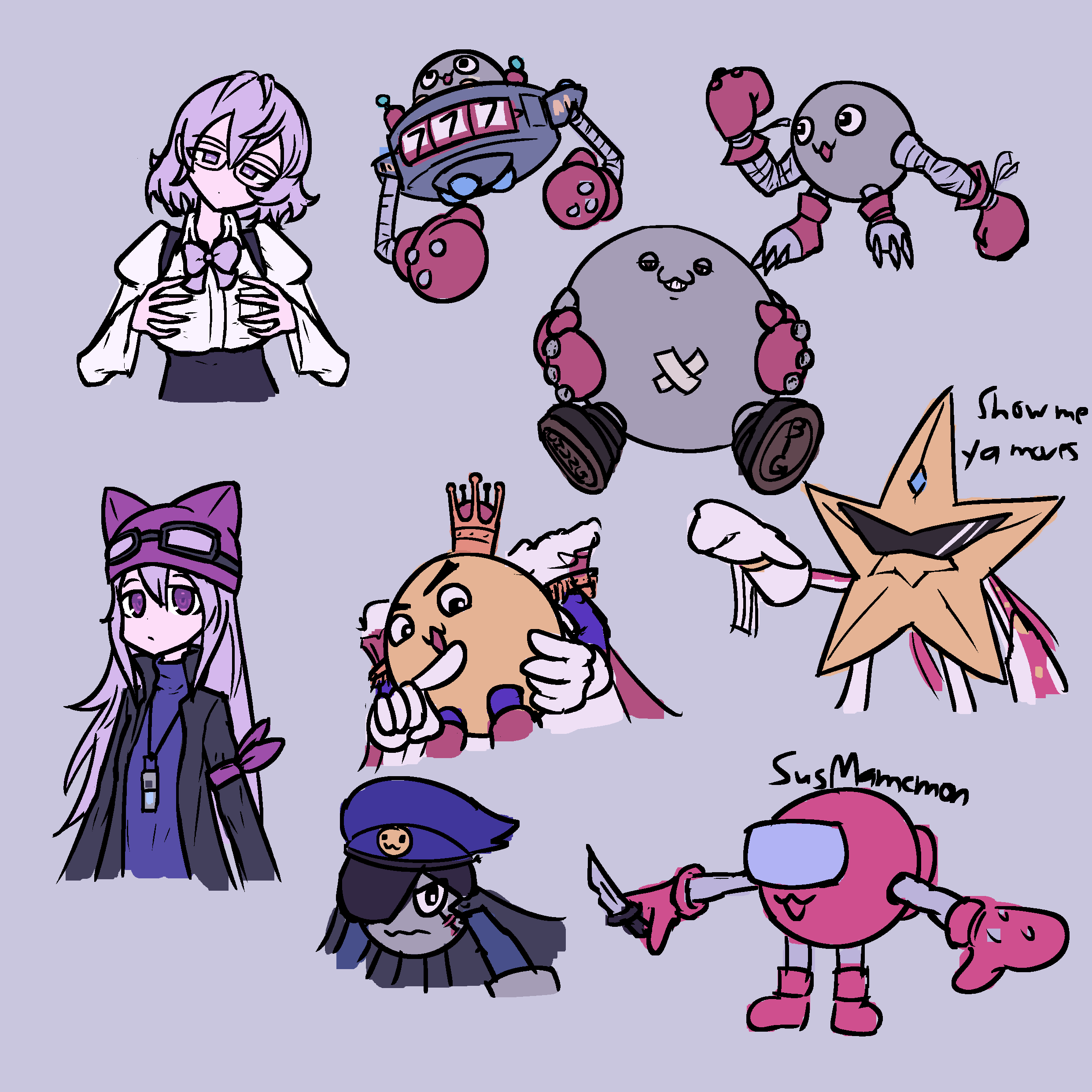 2girls absurdres among_us banchomamemon banchou bigmamemon catchmamemon delinquent digimon gloves highres knife mamemon mikagura_mirei multiple_girls princemamemon sayo_(digimon) sunglasses superstarmon