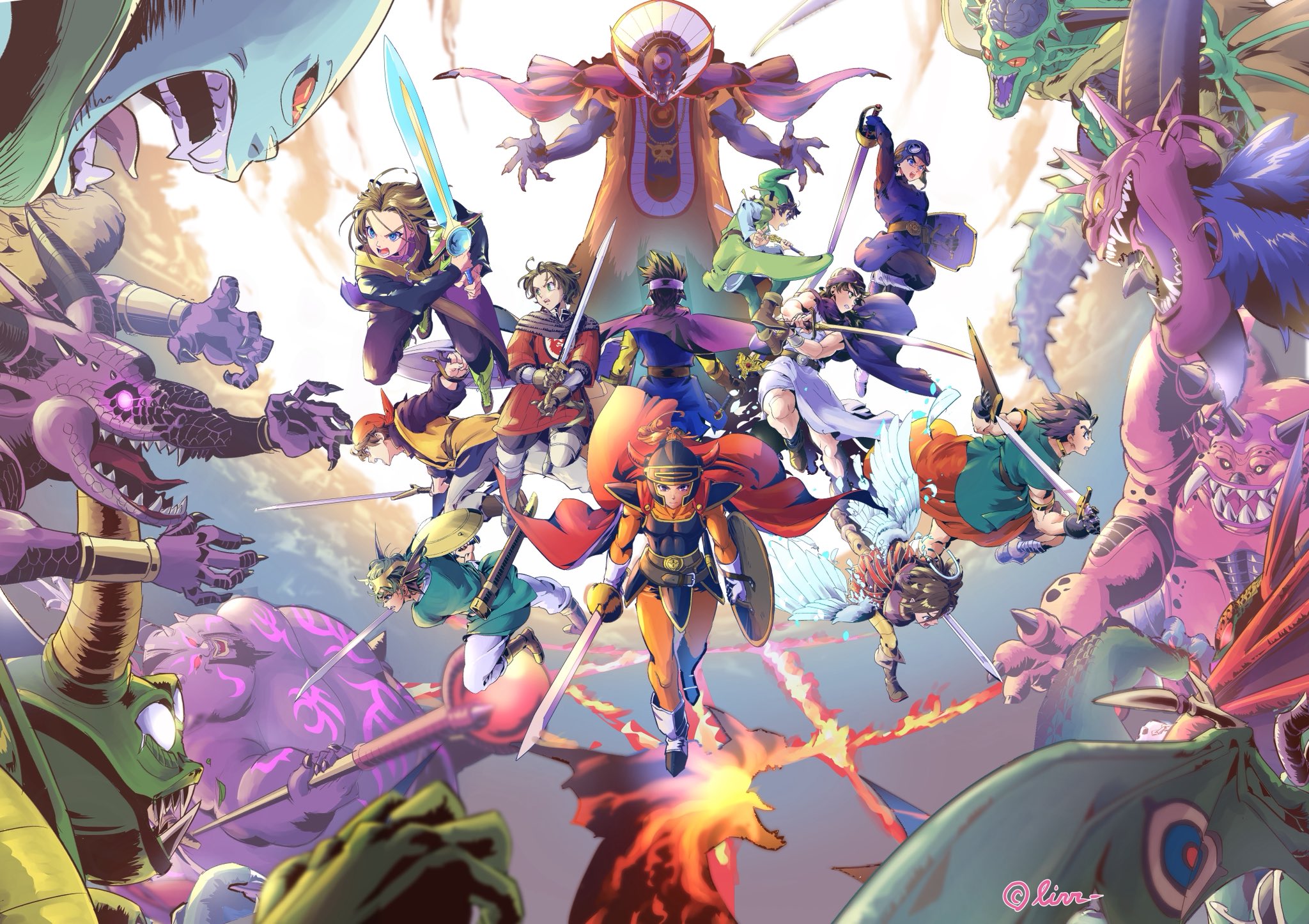 6+boys aiming ancestor_and_descendant angel angel_wings anniversary aqua_eyes aqua_robe aqua_tunic arm_up armlet armor artist_name asymmetrical_dual_wielding bad_arm bandaged_leg bandages bandana bat_wings black_bodysuit black_facial_hair black_gloves black_hair black_horns black_nails black_sclera black_shirt blue_armor blue_eyes blue_facial_hair blue_gloves blue_hair blue_hat blue_helmet blue_shirt blue_skin blue_tunic blurry bodysuit boots bracer brain broken_halo brown_boots brown_gloves brown_hair brown_horns brown_pants brown_shoes brown_trim cape capelet chainmail choker circlet claws clenched_teeth colored_sclera colored_skin colored_tongue commentary_request crying crying_with_eyes_open death_pisaro deathtamor depth_of_field disembodied_hand dragon dragon_lord dragon_quest dragon_quest_i dragon_quest_ii dragon_quest_iii dragon_quest_iv dragon_quest_ix dragon_quest_v dragon_quest_vi dragon_quest_vii dragon_quest_viii dragon_quest_x dragon_quest_xi dual_wielding earrings erdrick's_shield erdrick's_sword ergius exposed_brain extra_arms facial_hair fake_horns fangs fat fat_man feathered_wings feathers fighting fingernails fins fire floating_cape floating_clothes floating_hair floating_head from_behind gem giant gloves glowing glowing_eyes gold_armlet gold_bracer gold_choker greaves green_armor green_boots green_eyes green_hair green_hat green_pants green_scales green_skin green_tunic green_wings halo hat head_fins headpiece height_difference helmet hero_(dq1) hero_(dq10) hero_(dq11) hero_(dq4) hero_(dq5) hero_(dq6) hero_(dq7) hero_(dq8) hero_(dq9) highres holding holding_sheath holding_shield holding_staff holding_sword holding_weapon horned_helmet horns imminent_fight in-franchise_crossover jacket jewelry long_fingernails looking_at_another looking_at_viewer looking_down mage_staff maldragora male_focus medium_hair mildrath monster monster_boy mortamor multicolored_skin multiple_boys muscular muscular_male necklace nizzelpha no_pupils nose_horn open_mouth orange_bandana orange_bodysuit orange_robe orgo_demira pants parted_hair pink_eyes pink_skin pointy_ears prince_of_lorasia profile purple_cape purple_hair purple_jacket purple_scales purple_skin purple_tongue purple_turban red_cape red_eyes red_gemstone red_horns red_sclera red_skin red_tunic rhapthorne robe roto's_emblem roto_(dq3) scabbard sharp_fingernails sharp_teeth sheath shey93735903 shield shield_on_back shirt shoes short_hair sidoh silhouette silver_circlet single_bang size_difference skull skull_necklace sleeveless sleeveless_jacket sleeves_rolled_up slit_pupils spiked_hair spikes spots staff striped_leggings sword tears teeth third_eye toned toned_male tongue torn_clothes triclops tunic turban weapon white_boots white_gloves white_halo white_pants white_shirt white_tunic white_wings wings yellow_eyes yellow_horns yellow_jacket yellow_leggings yellow_pants yellow_sclera yellow_skin yellow_sleeves yellow_wings zoma