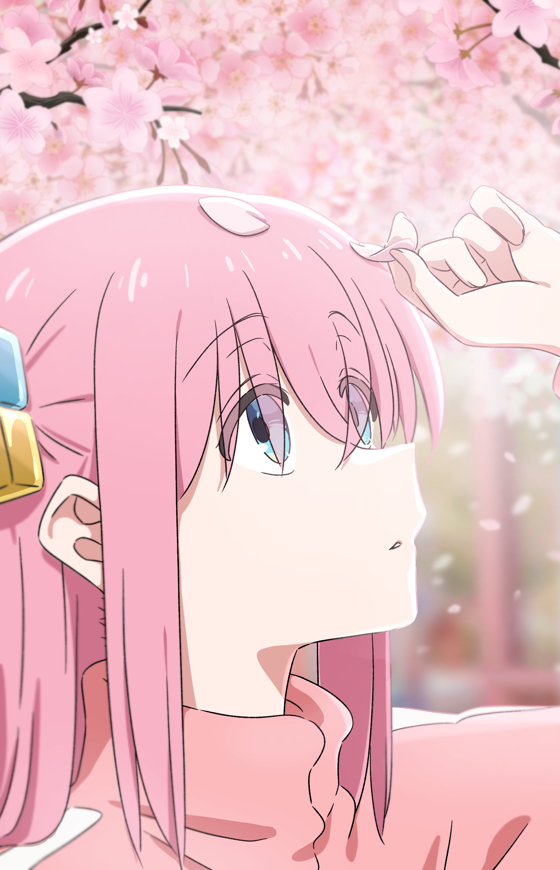 1girl absurdres arm_up blue_eyes bocchi_the_rock! cherry_blossoms commentary_request cube_hair_ornament eyes_visible_through_hair falling_petals gotoh_hitori hair_ornament highres holding holding_petal jacket long_hair mayo_(oekaki_bibbi) parted_lips petals pink_hair pink_jacket portrait sidelocks solo spring_(season) track_jacket