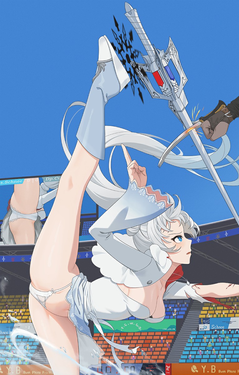 1girl 1other ass blood blue_eyes boots breasts clash claw_(weapon) cleavage crotch cuts day dress duel flexible floating_hair from_below glyph highres injury jewelry leg_up medium_breasts myrtenaster necklace panties parted_lips revision rwby screen sideboob split stadium standing standing_on_one_leg standing_split sword thighs underwear upskirt wangxiii weapon weiss_schnee white_dress white_hair white_panties