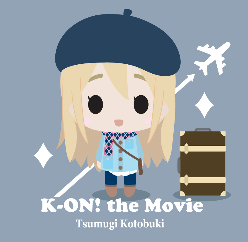 1girl aircraft airplane argyle_clothes argyle_scarf arms_at_sides arrow_(symbol) bag beret blonde_hair character_name chibi copyright_name eyebrows female_focus flat_color full_body hat k-on! k-on!_movie kotobuki_tsumugi long_hair non-web_source scarf shoulder_bag simple_background solo standing suitcase travel trunk winter winter_clothes