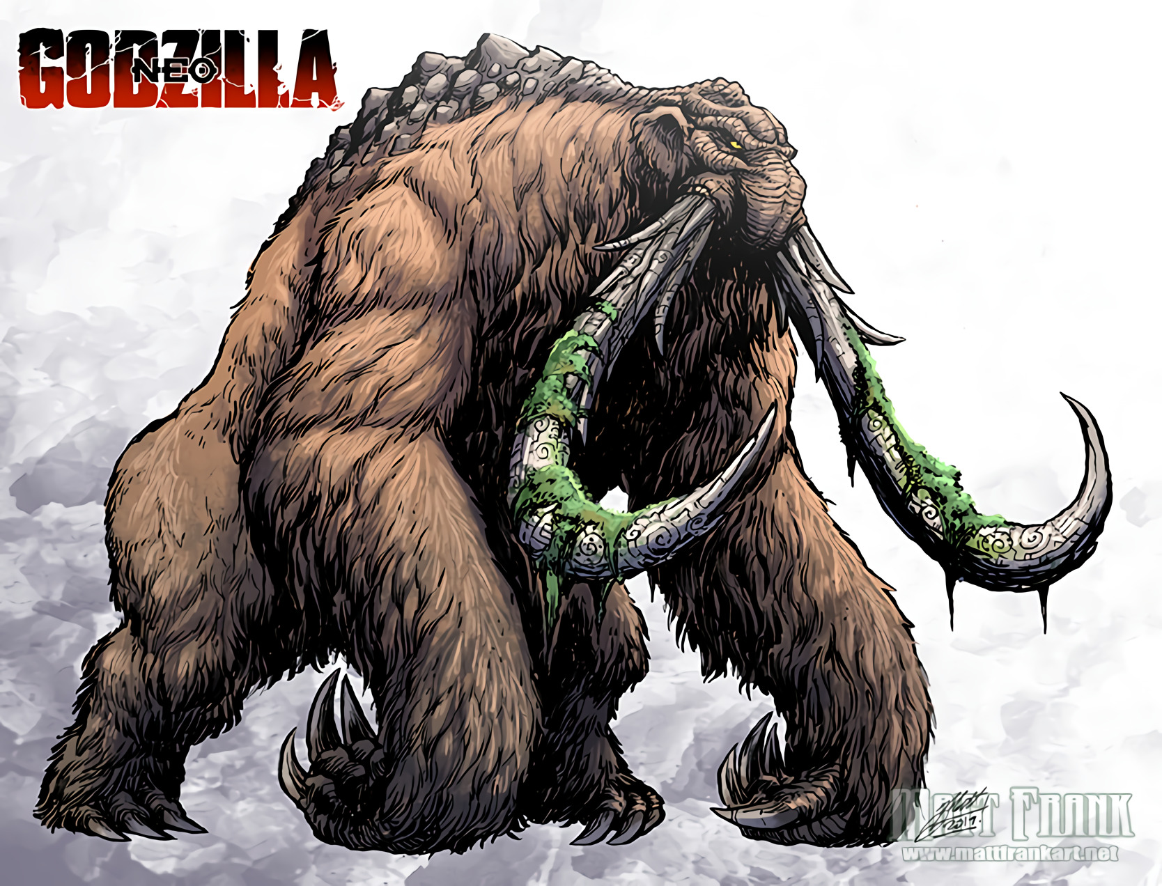 animal behemoth_(monsterverse) godzilla_(series) hieroglyphics highres kaiju legendary_pictures matt_frank monsterverse moss no_humans plant redesign simple_background sloth_(animal) tusks yellow_eyes