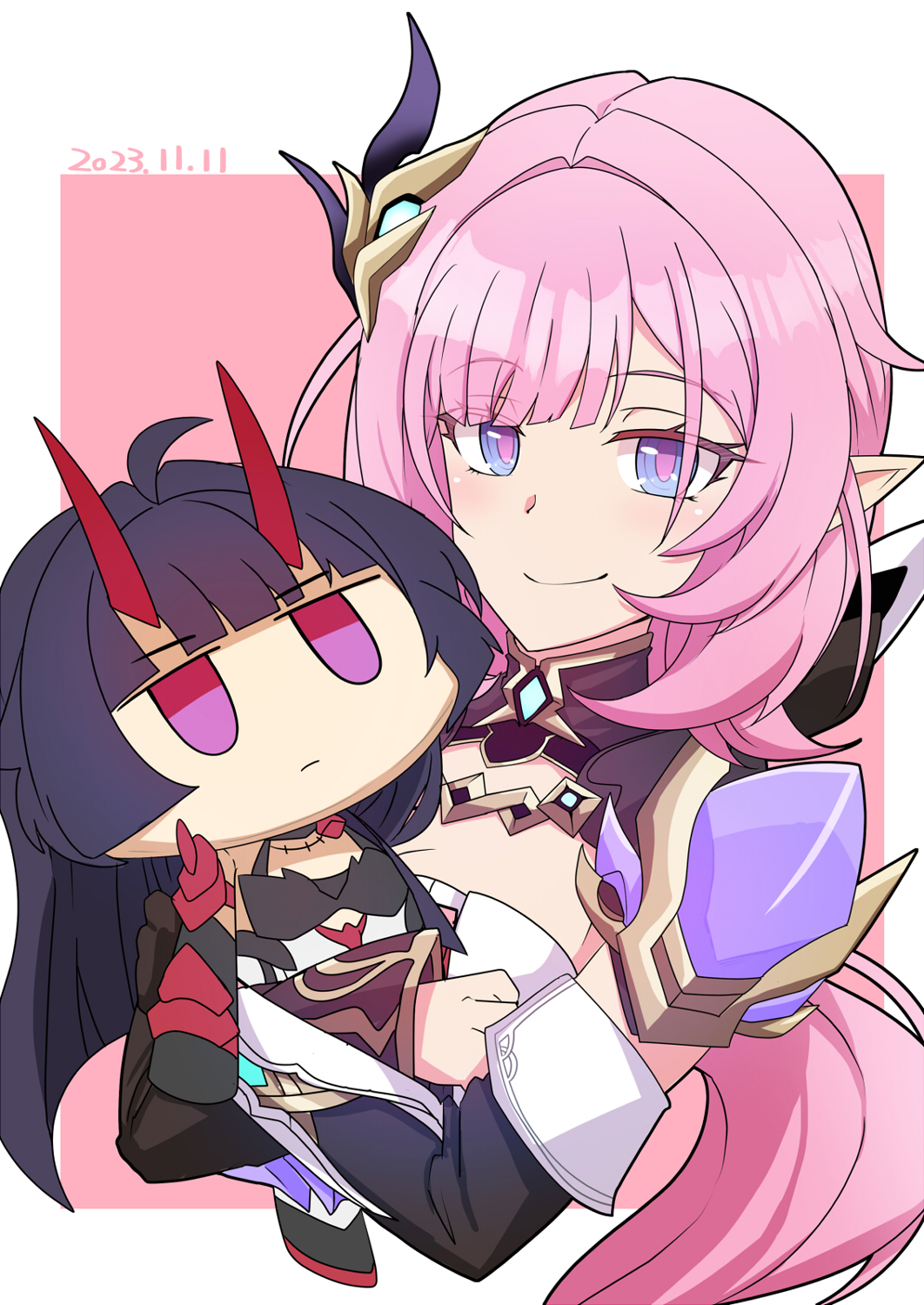 1girl black_hair black_sleeves blue_eyes breasts character_doll cleavage closed_mouth commentary_request cropped_torso dated detached_sleeves doll doll_house elysia_(honkai_impact) highres honkai_(series) honkai_impact_3rd horns jitome long_hair long_sleeves medium_breasts nabeiro_kin pink_background pink_hair pointy_ears raiden_mei raiden_mei_(herrscher_of_thunder) red_eyes smile solo two-tone_background upper_body white_background