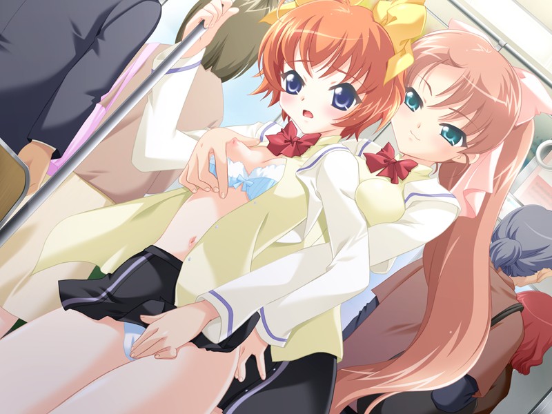 anko_koubou blue_eyes blush bra bra_pull breasts brown_hair chikan chikan_play clothes_lift clothes_pull eroge_honpo fingering game_cg green_eyes molestation nipples open_clothes orange_hair panties ponytail school_uniform short_hair skirt skirt_lift small_breasts tagme train train_interior underwear white_bra white_panties yuri
