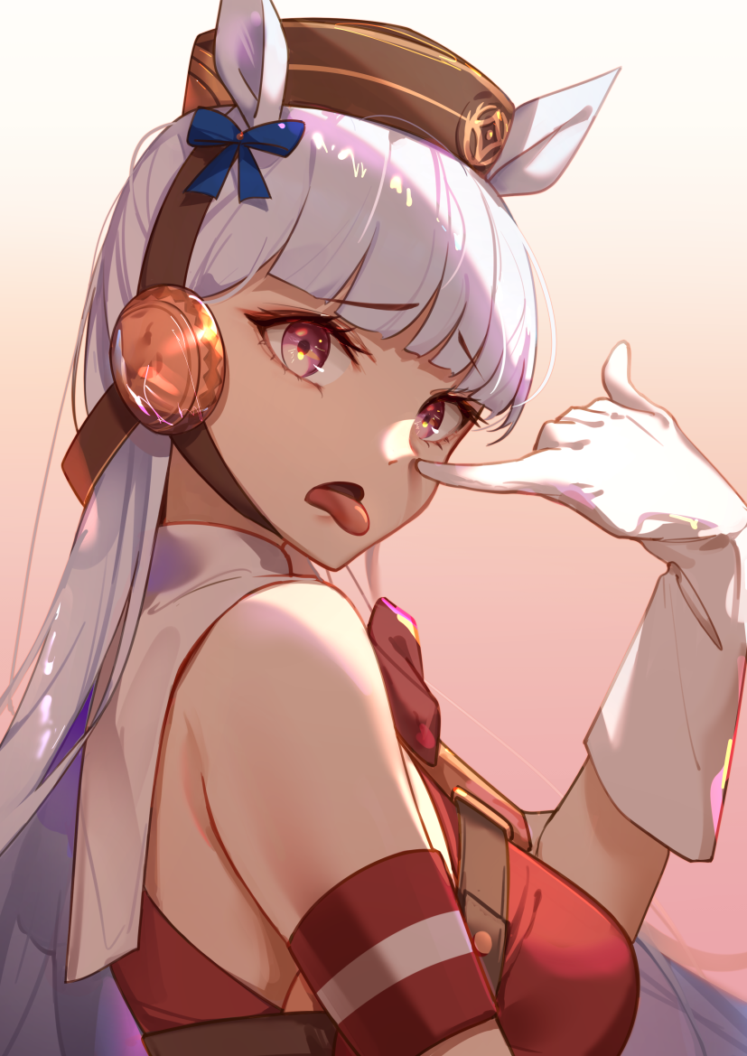 1girl animal_ears armband bare_shoulders blunt_bangs bow bowtie breasts buttons double-breasted dress ear_covers faicha finger_to_own_nose gloves gold_ship_(umamusume) gradient_background hand_up hat horse_ears large_breasts light_blush light_purple_hair light_smile long_hair looking_at_viewer open_mouth pillbox_hat pink_eyes red_bow red_bowtie red_dress sidelocks solo tongue tongue_out umamusume upper_body very_long_hair white_background white_gloves