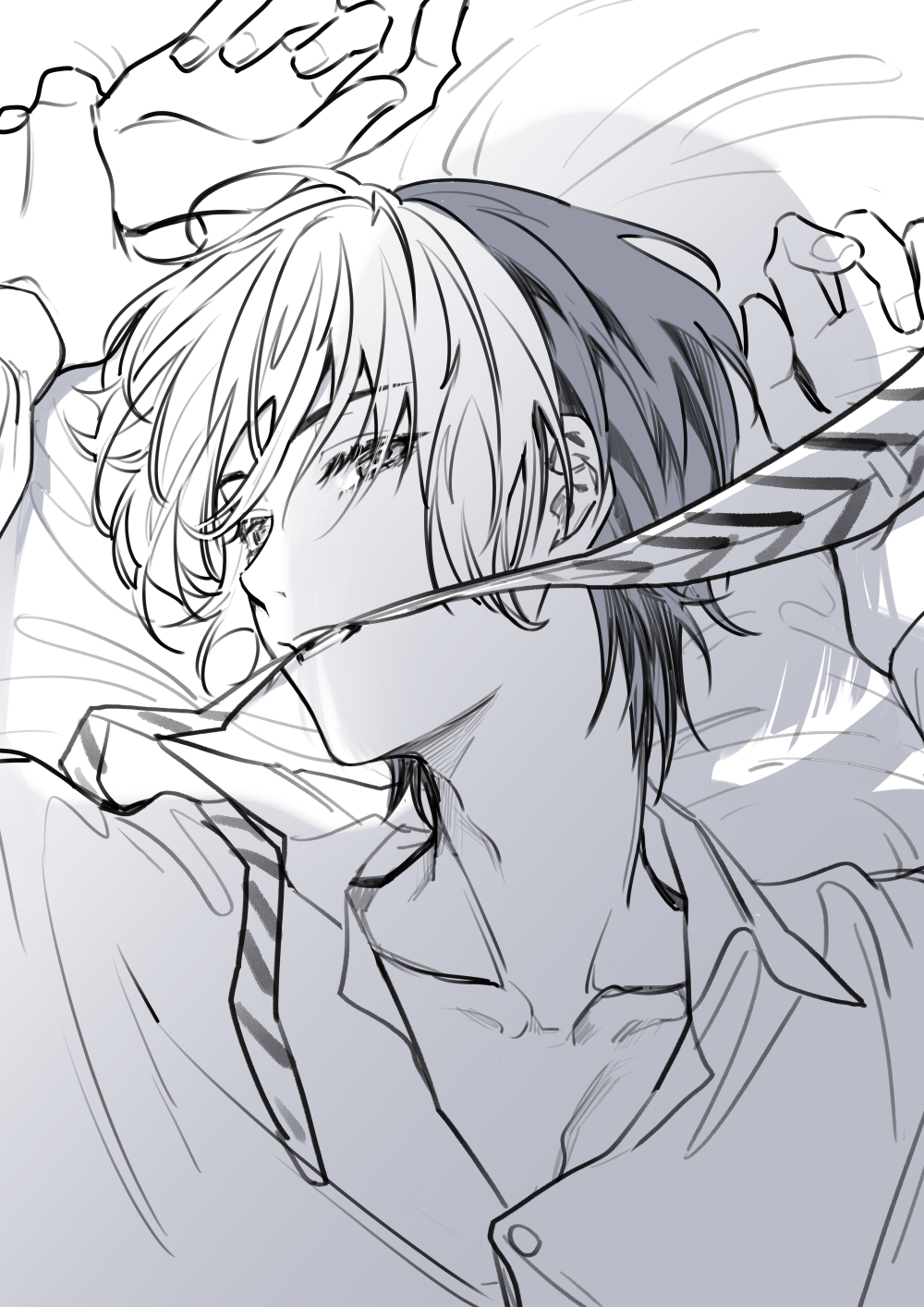 1boy bed_sheet biting couple disembodied_hand colored_bangs highres hikaru_no_go holding_another&#039;s_wrist hun_(endlesslovehikaru) looking_at_viewer male_focus monochrome multicolored_hair necktie on_bed out_of_frame portrait pov pov_hands shadow shindou_hikaru short_hair sideways_glance solo_focus striped_necktie two-tone_hair yaoi