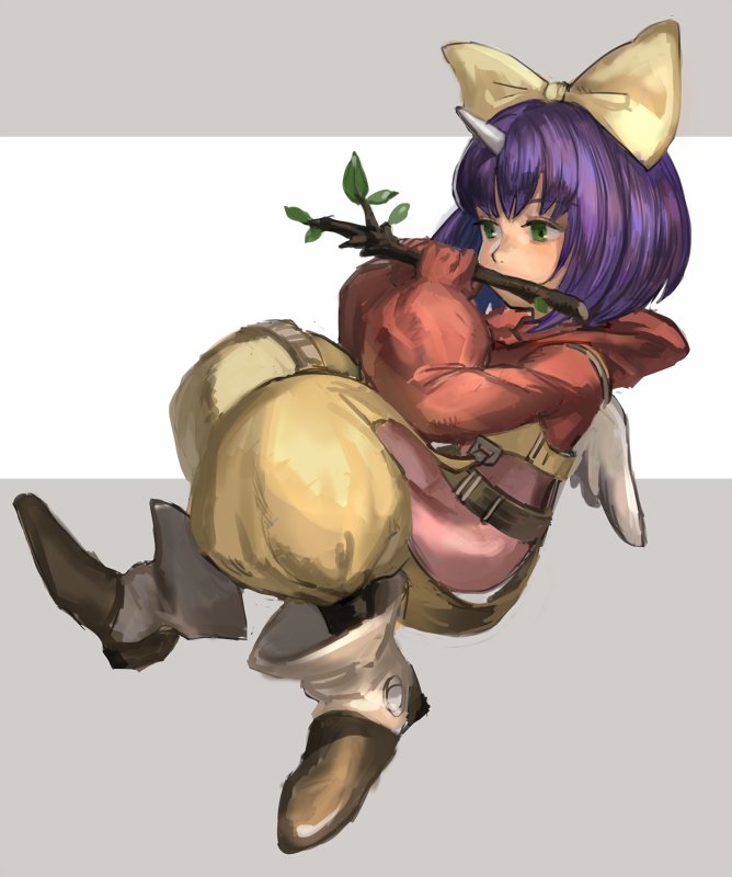 1girl blue_hair bodysuit bow eiko_carol final_fantasy final_fantasy_ix gloves green_eyes hair_bow horns sasumata_jirou short_hair single_horn solo square_enix wings yellow_bow