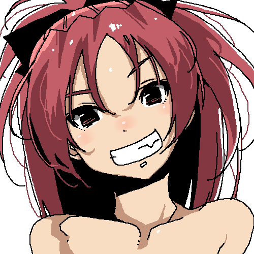 1girl chiisan female_focus looking_at_viewer lowres mahou_shoujo_madoka_magica nude portrait red_hair sakura_kyoko simple_background smile solo white_background yellow_eyes