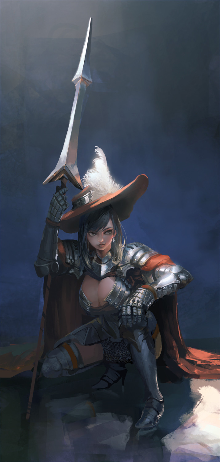 1girl armor armored_boots black_hair boots breasts cape cleavage earrings fantasy female_focus gauntlets hat hat_feather highres holding_lance holding_polearm holding_weapon jewelry lance large_breasts original parted_lips polearm red_cape red_hat shoulder_armor solo squatting weapon yuta_kawakami