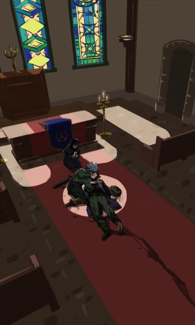 1girl 2boys black_shirt blood blood_on_clothes blood_on_face blood_on_ground blood_trail blue_hair brown_hair camus_(dq11) candle church commentary_request dragon_quest dragon_quest_xi green_pants green_tunic hand_on_own_chest hero_(dq11) implied_after_fight indoors jacket kamei_(yokoshima-ko) kneeling lying multiple_boys nun on_back on_floor open_clothes open_jacket own_hands_clasped own_hands_together pants pew praying red_carpet red_sash sash scabbard sheath shirt shoes single_shoe spiked_hair stained_glass torn_sleeve tunic